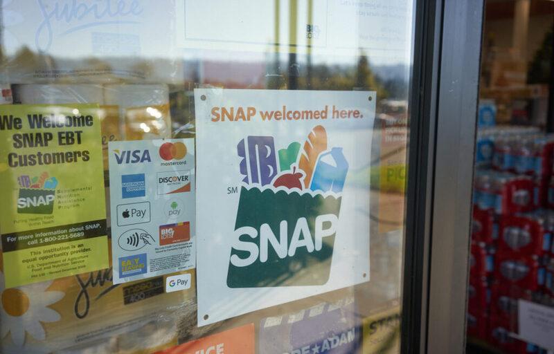 A “SNAP welcomed here” sign is seen at the entrance to a Big Lots store in Portland, Oregon. (Getty Images)