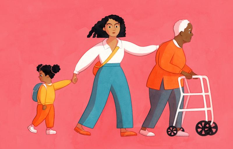 a thirty-something woman walking on a pink background, guiding an older woman in front of her and a young kid just behind her